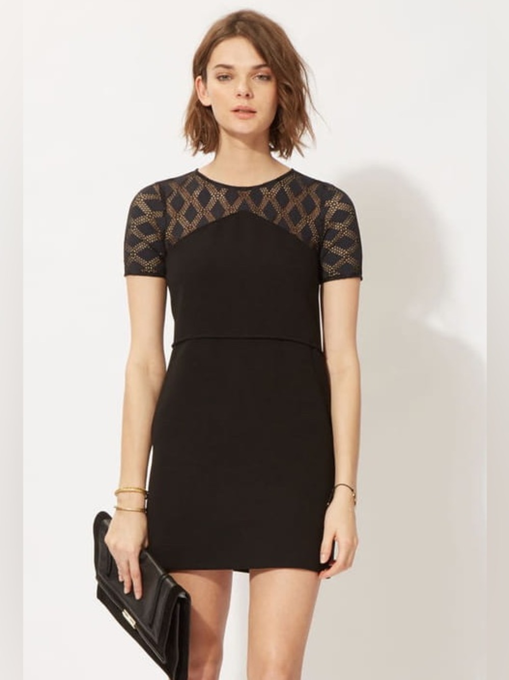 Maje Rimini Eyelet Crepe Black Mini Dress with Lace Yoke